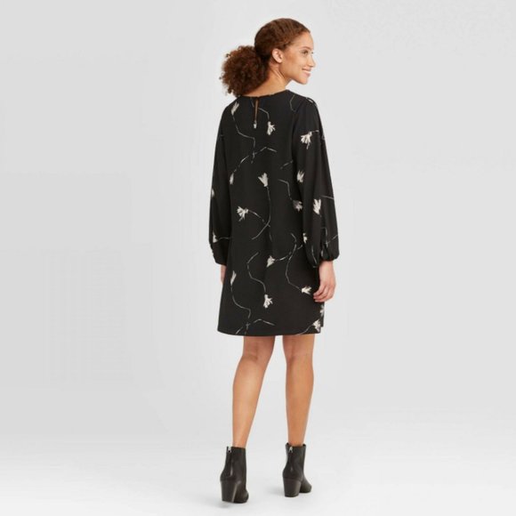 NWT A New Day Women's Long Sleeve Keyhole Neck Shift Black Dress - Picture 2 of 5